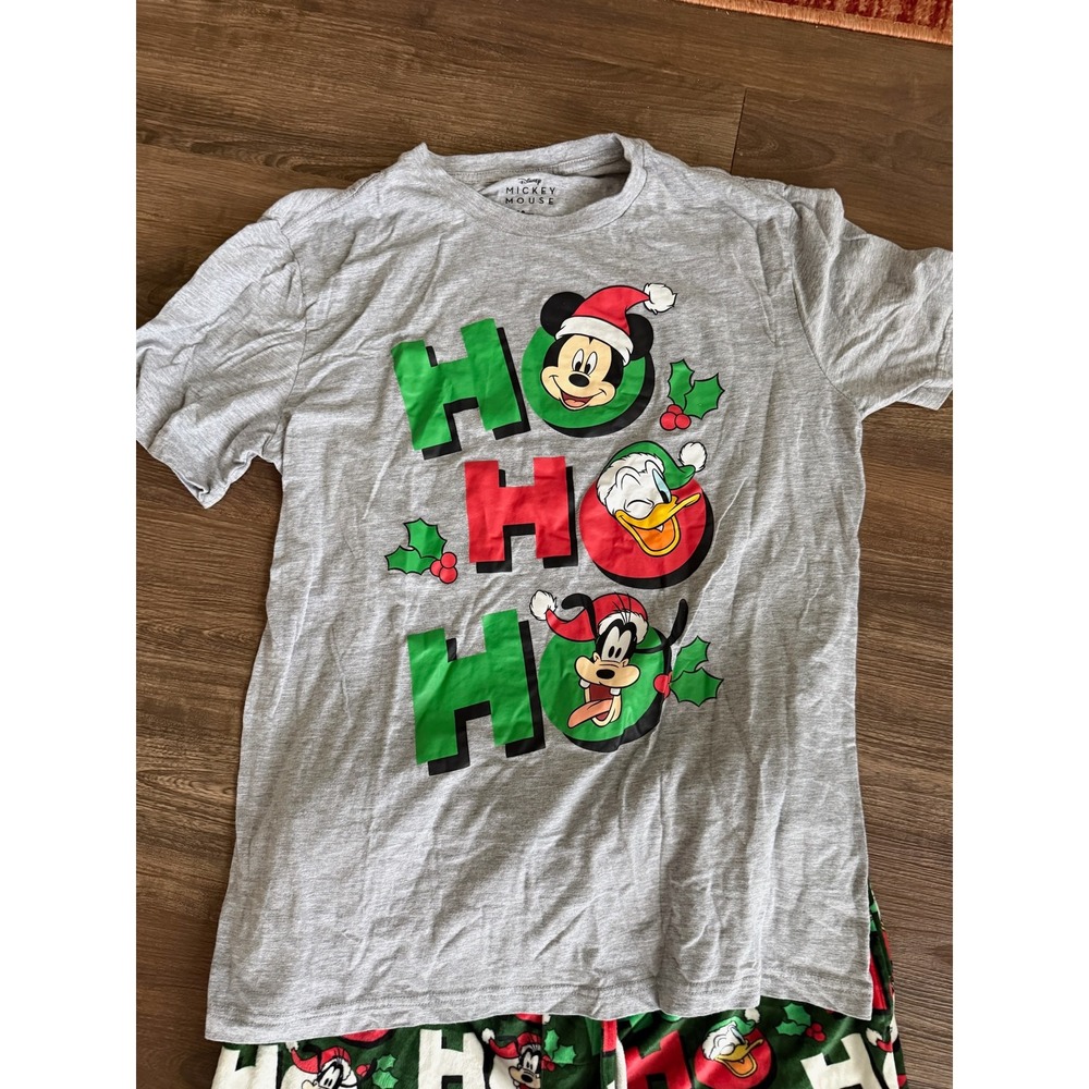 Disney Mickey Mouse Christmas Pajama Set Grey Green Ho Ho Ho Fleece Mens Large - Picture 2 of 6